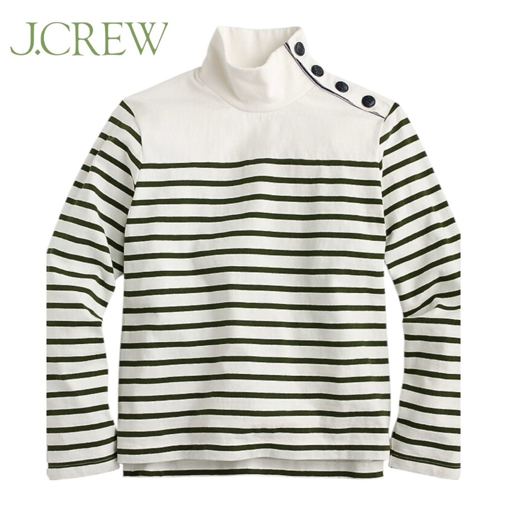J. Crew Striped anchor button-shoulder turtleneck Ivory/Dark Seaweed • Size XS